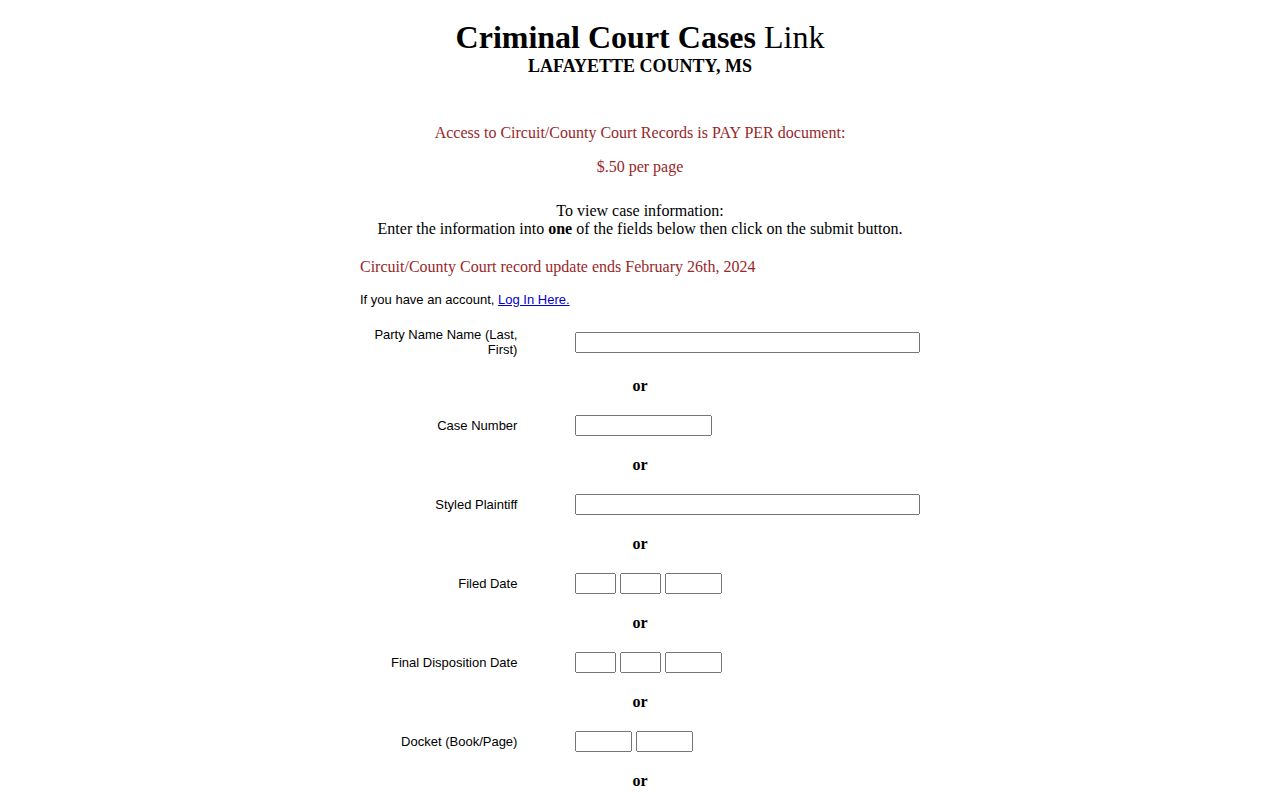 Lafayette County criminal booking disposition record search source