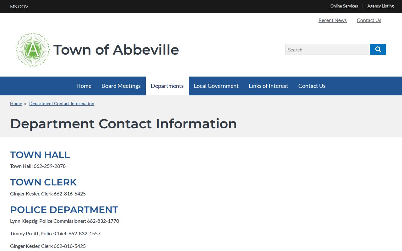 Abbeville, Lafayette County police and clerk arrest-record contacts